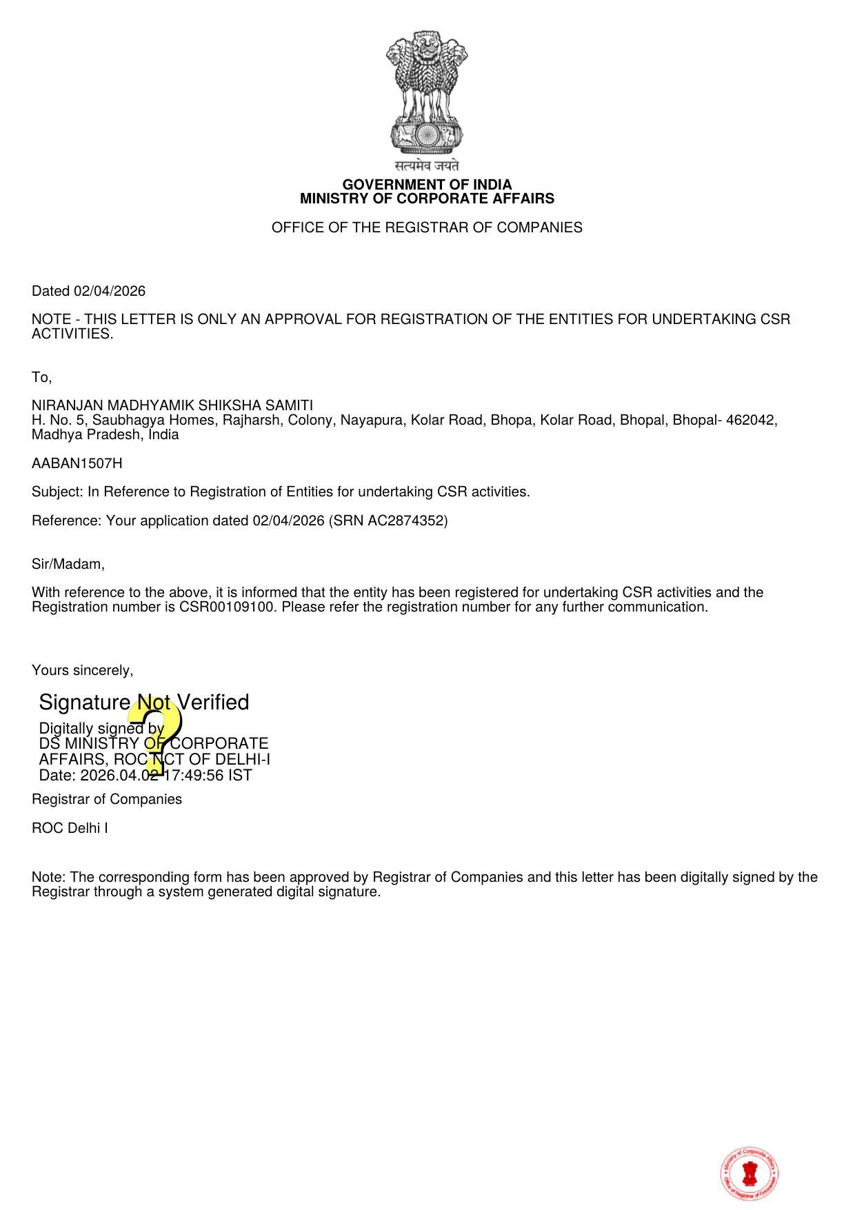 CSR Registration Letter, Ministry of Corporate Affairs